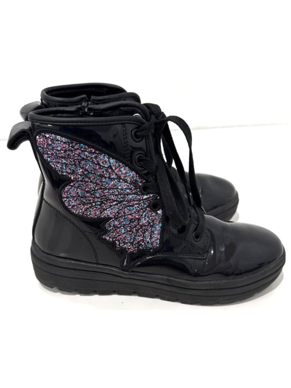 Skechers Trendy Black High-Top Shiny Patent Boots Butterfly Detail Girls Size 4